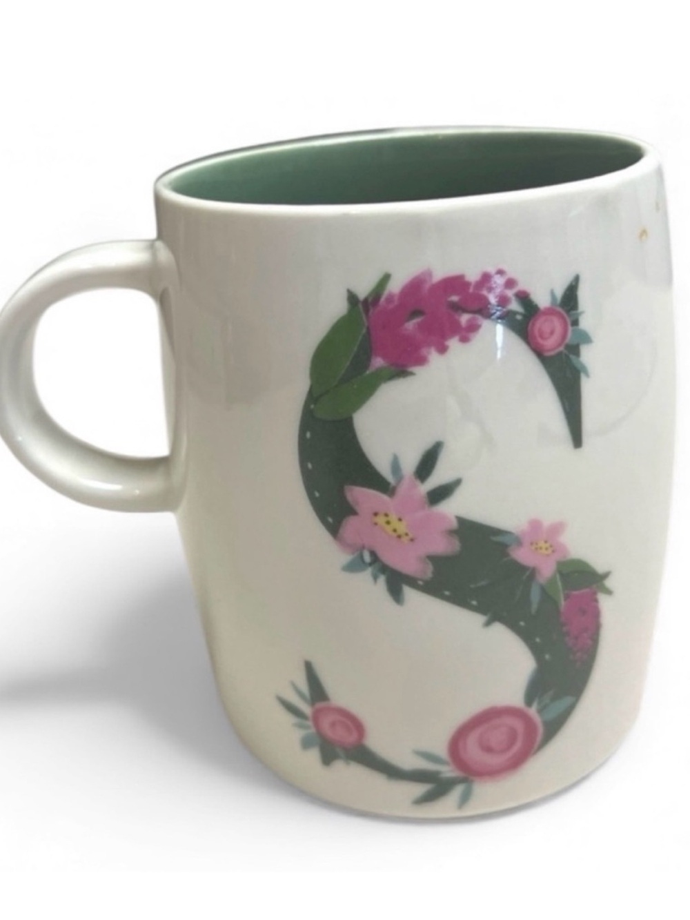 Modern Expressions Floral Monogram S Ceramic Mug Green Pink Coffee Cup